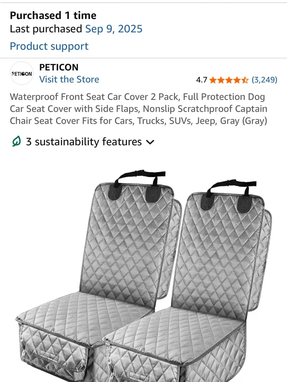 PETICON Quilted Waterproof Front Seat Car Covers - Gray (2 Pack)